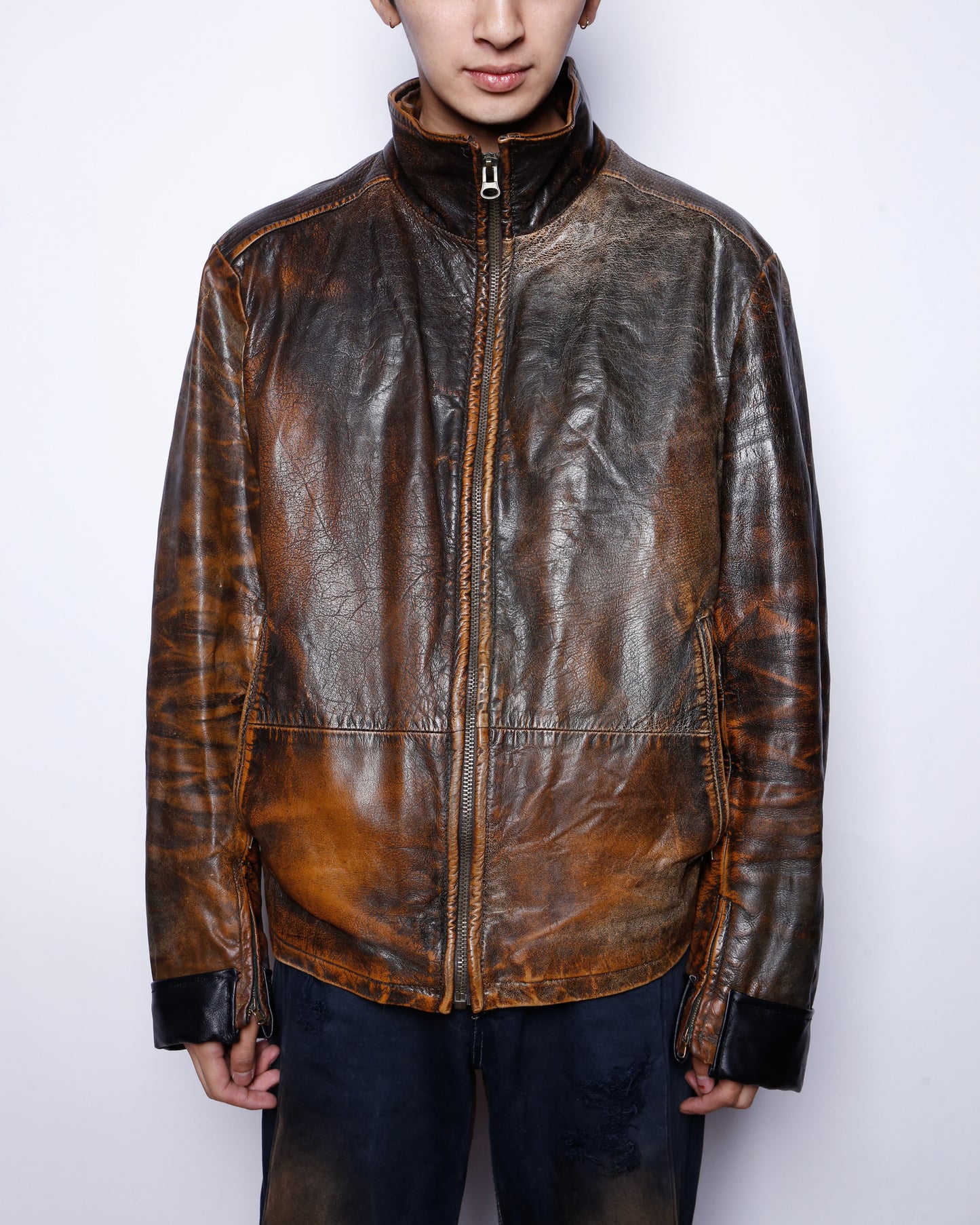 vintage fadded stand collar leather jacket