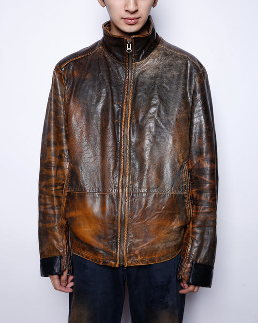 vintage fadded stand collar leather jacket