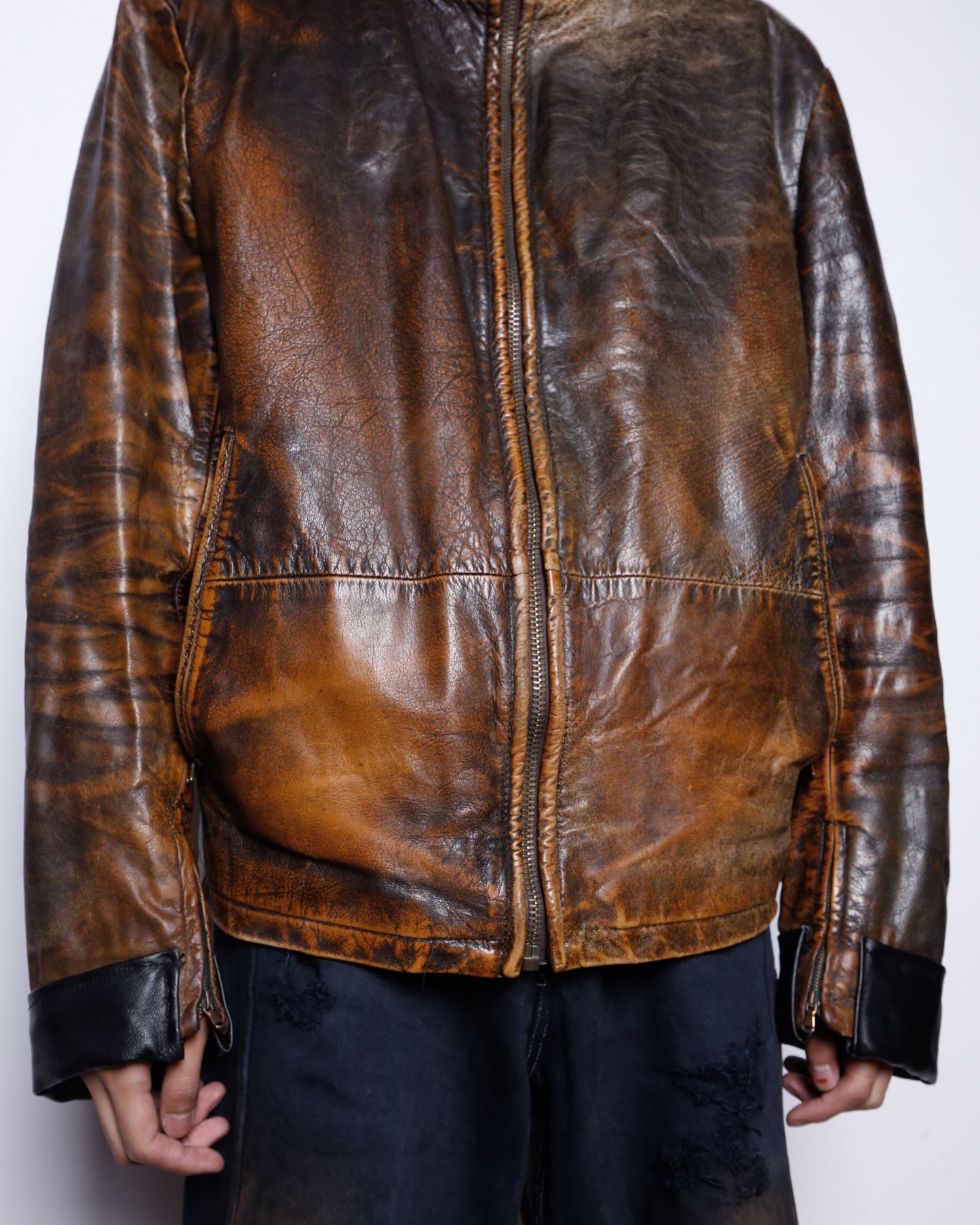 vintage fadded stand collar leather jacket