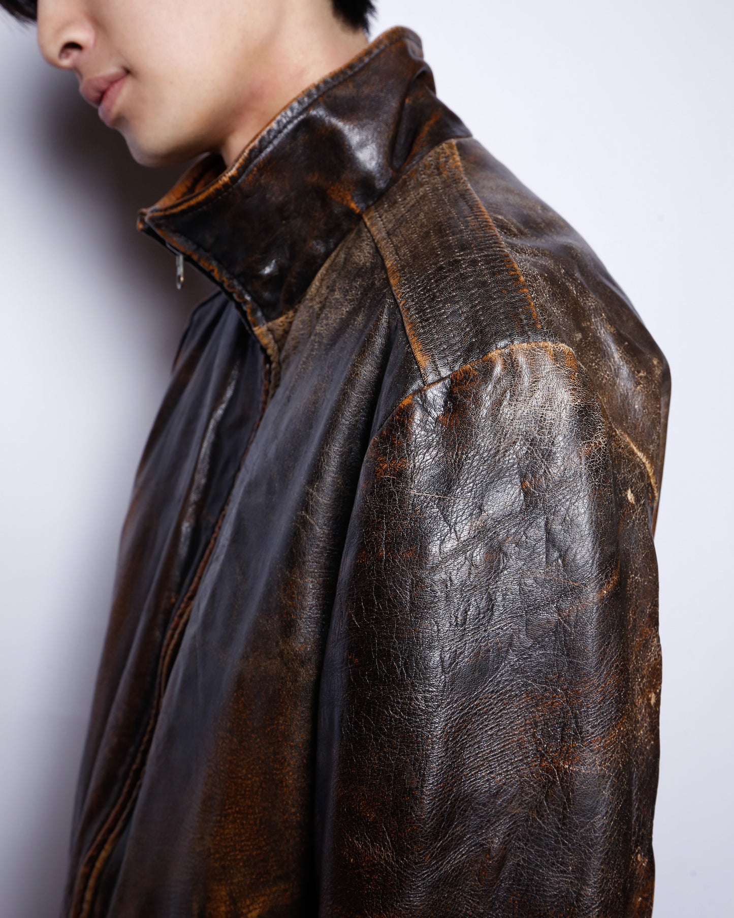 vintage fadded stand collar leather jacket