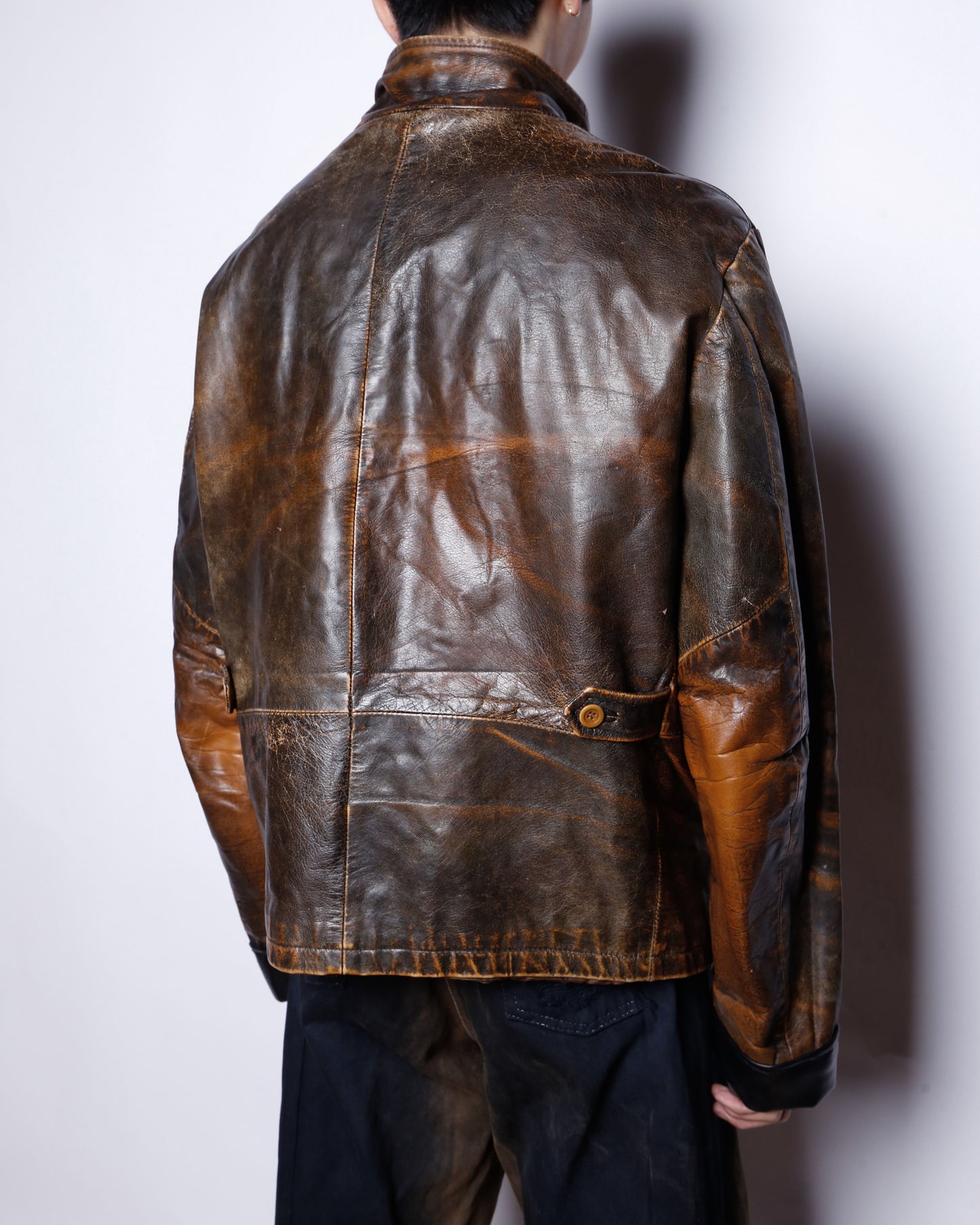 vintage fadded stand collar leather jacket