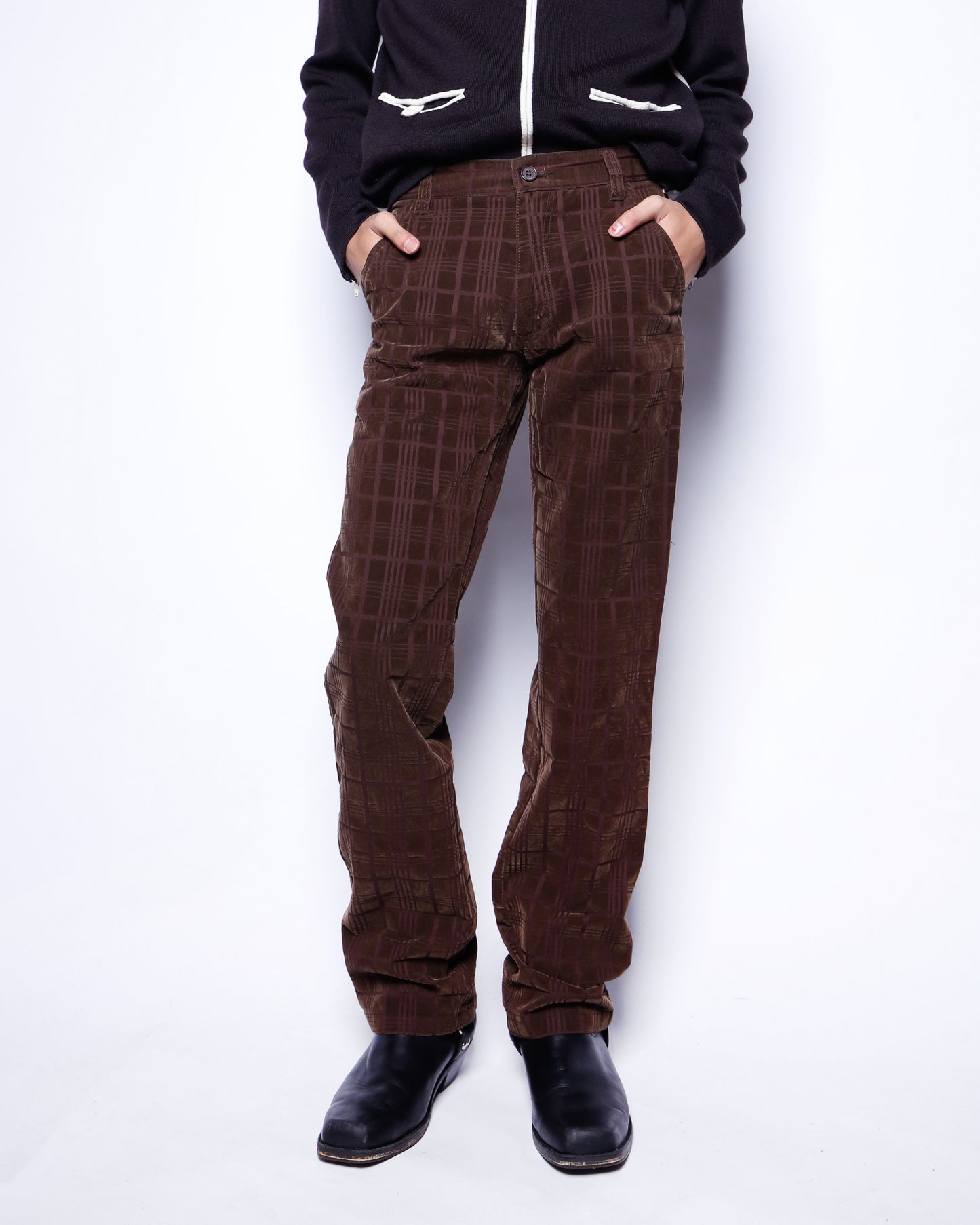 vintage flocky check flare trousers