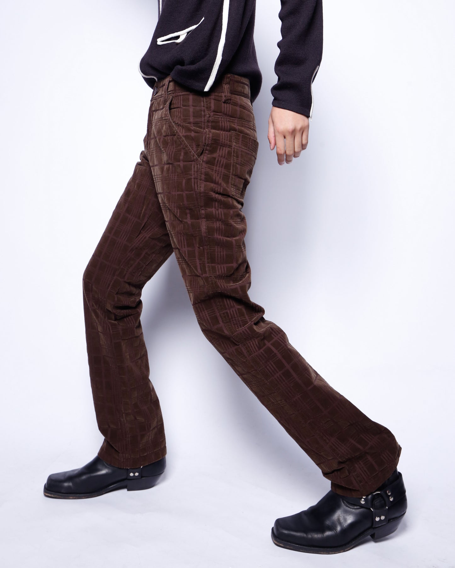 vintage flocky check flare trousers