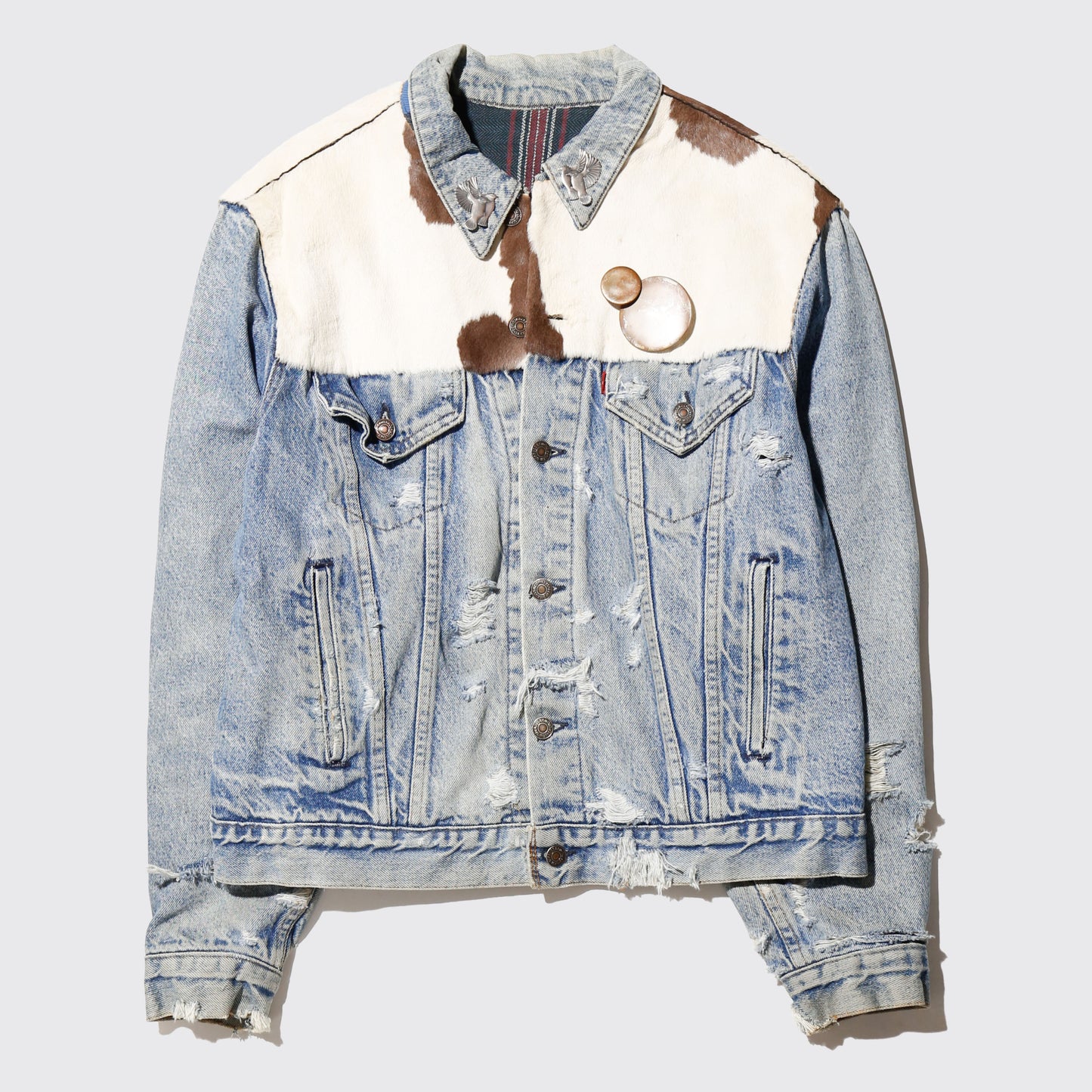 *one-off unborn calf combi broken trucker jacket , with kapper badge