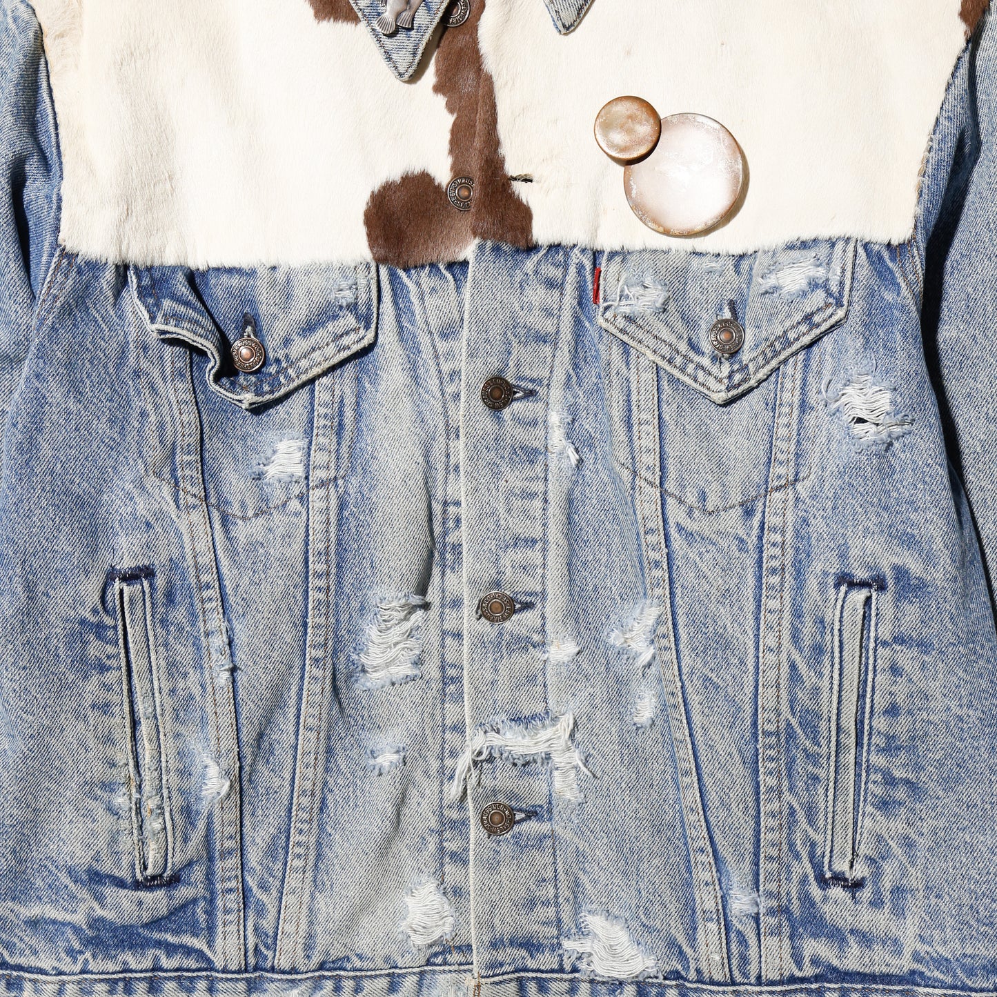 *one-off unborn calf combi broken trucker jacket , with kapper badge