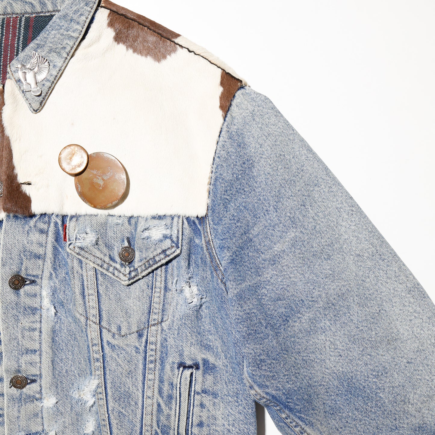 *one-off unborn calf combi broken trucker jacket , with kapper badge