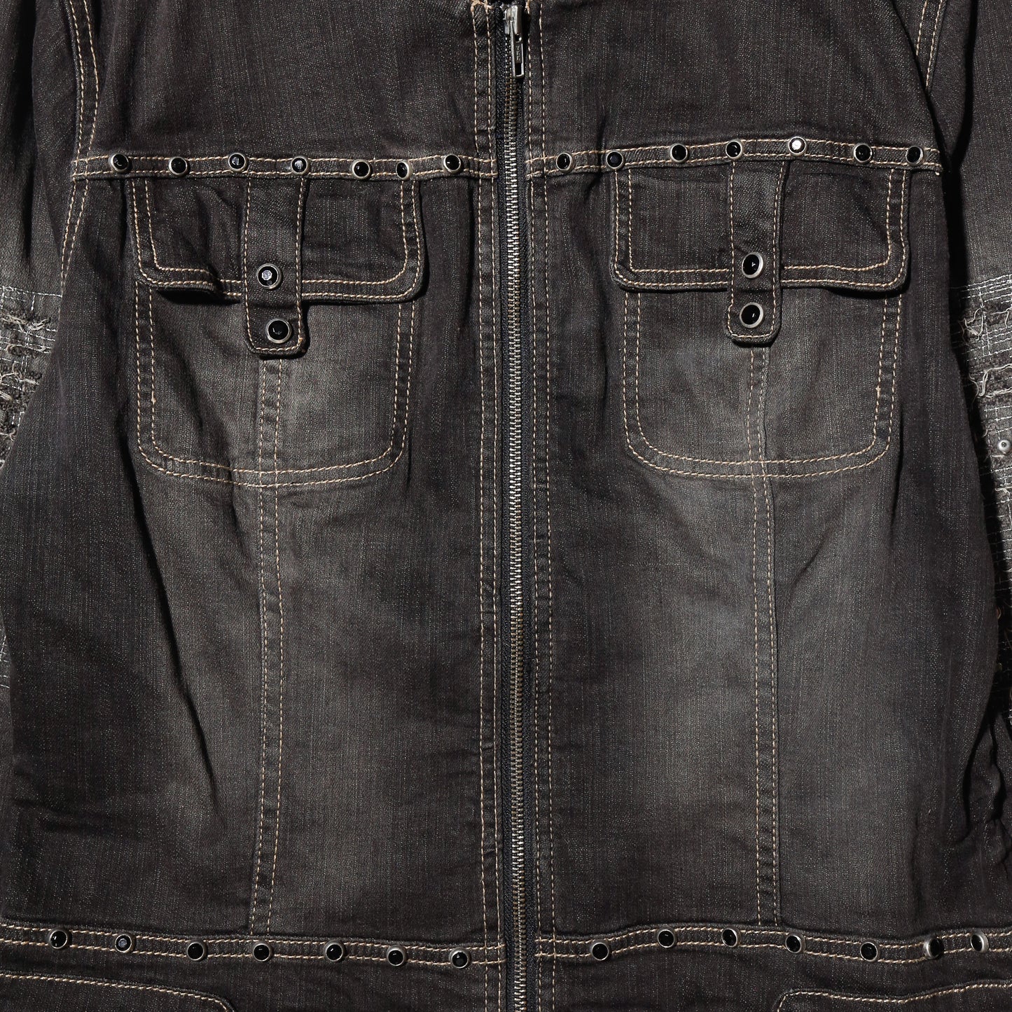 vintage repaired sleeve studs denim jacket