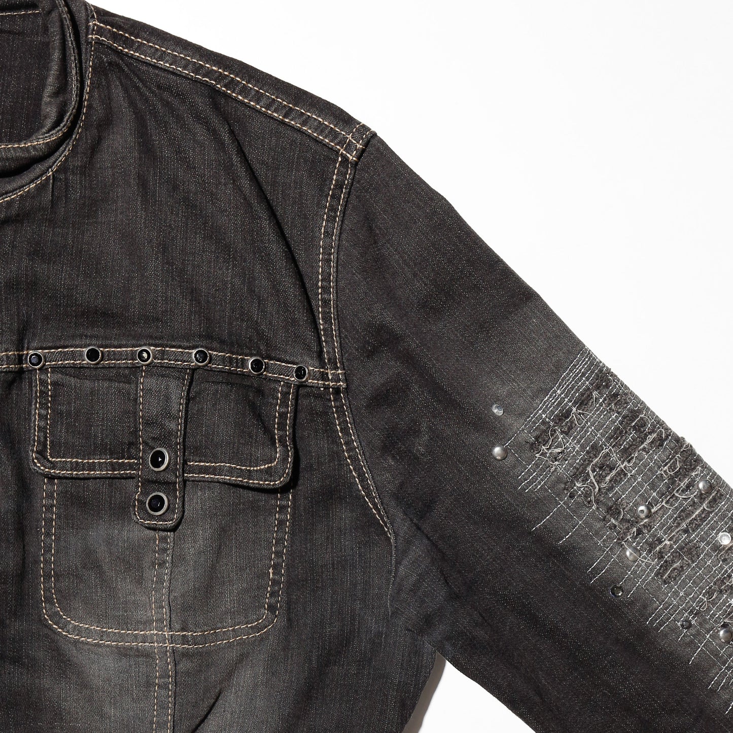 vintage repaired sleeve studs denim jacket