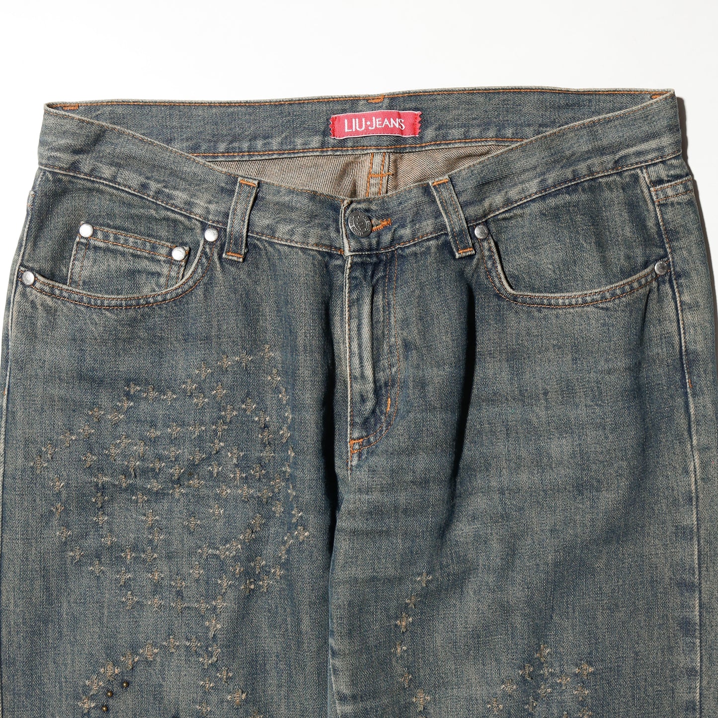 vintage studs distressed flare jeans