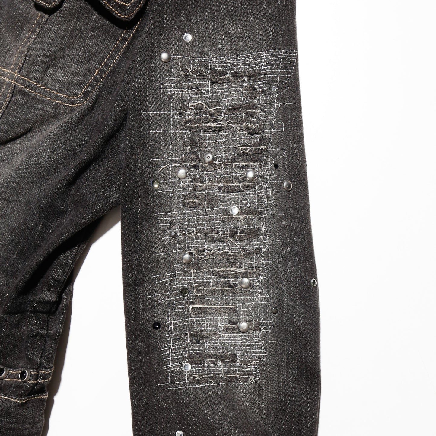 vintage repaired sleeve studs denim jacket