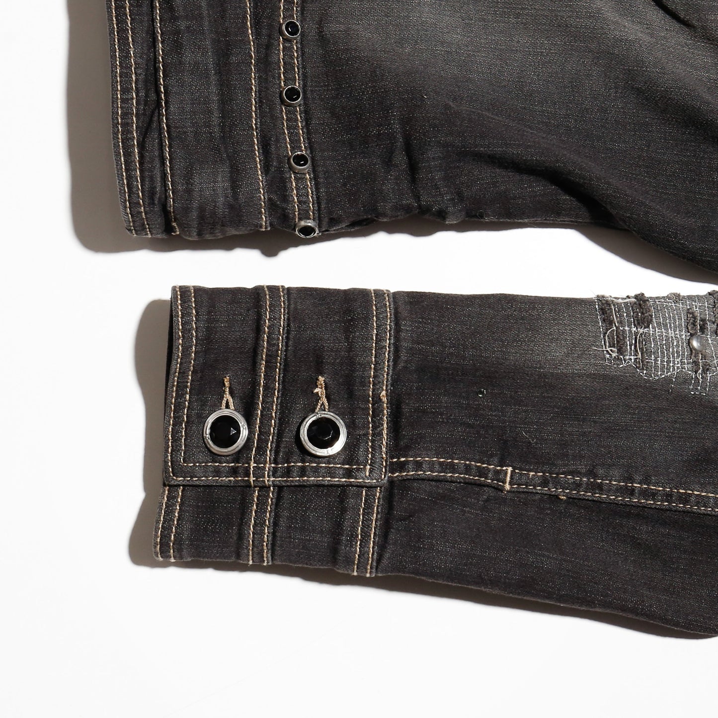 vintage repaired sleeve studs denim jacket
