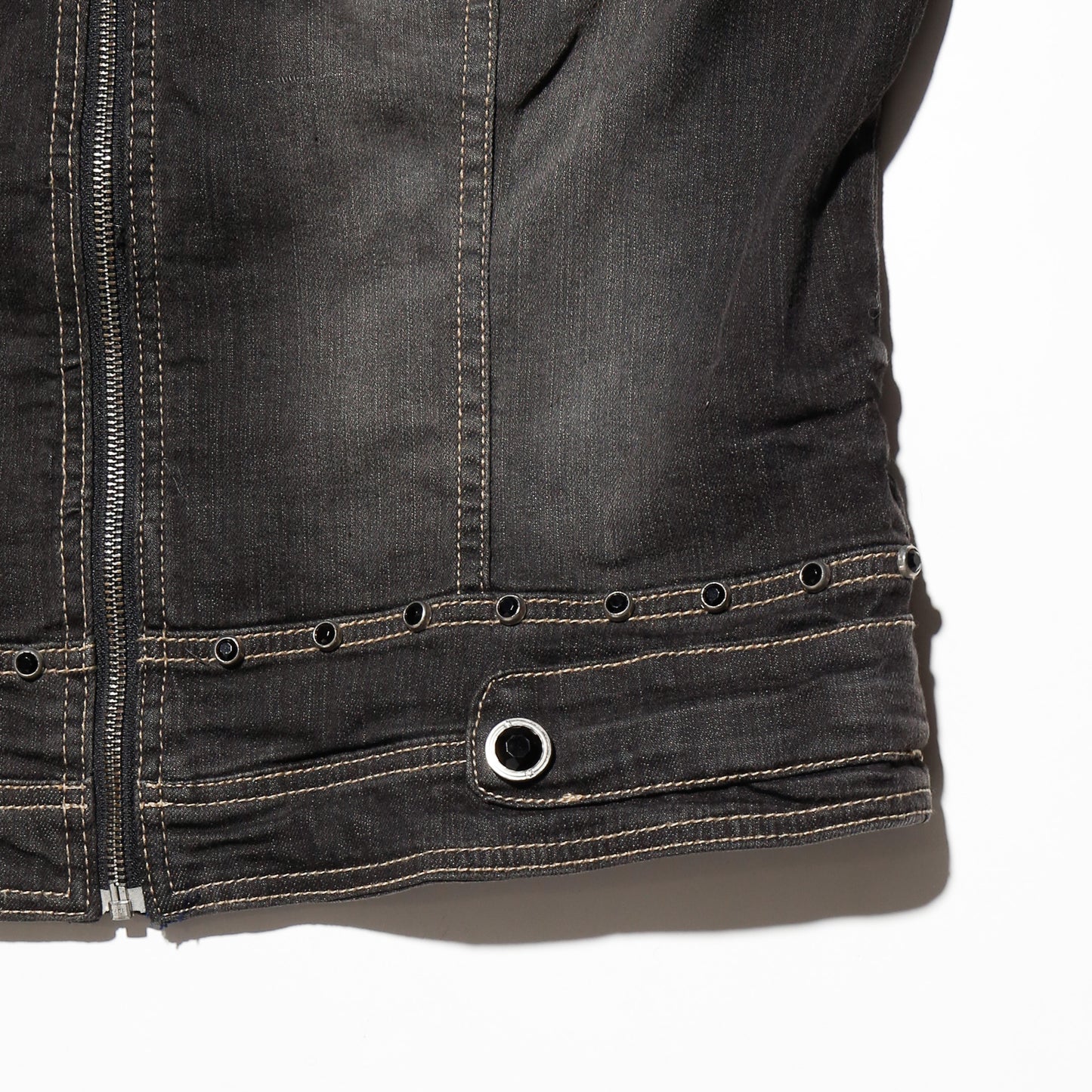 vintage repaired sleeve studs denim jacket