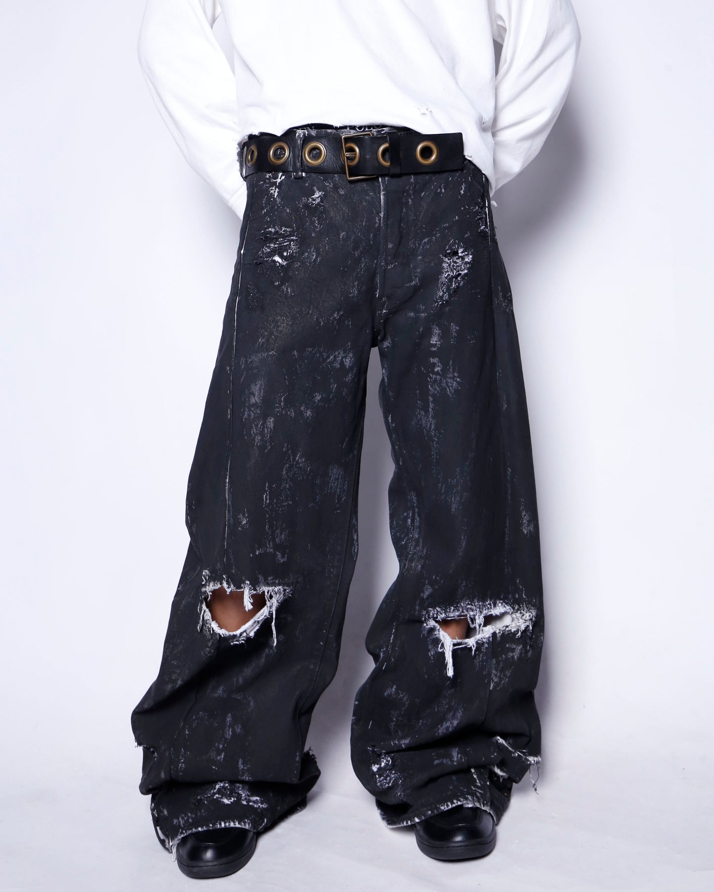 *one-off broken upside down jeans: model- dust black