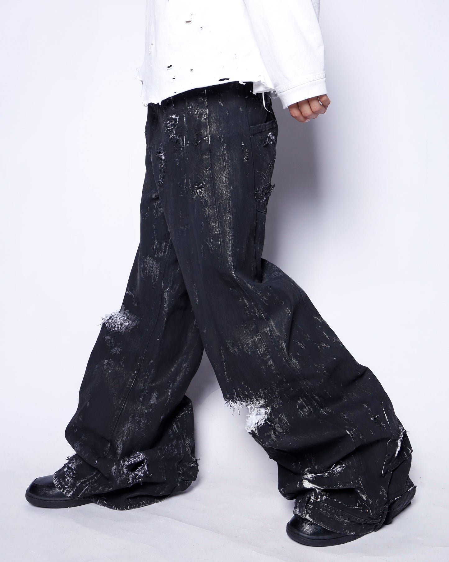 *one-off broken upside down jeans: model- dust black