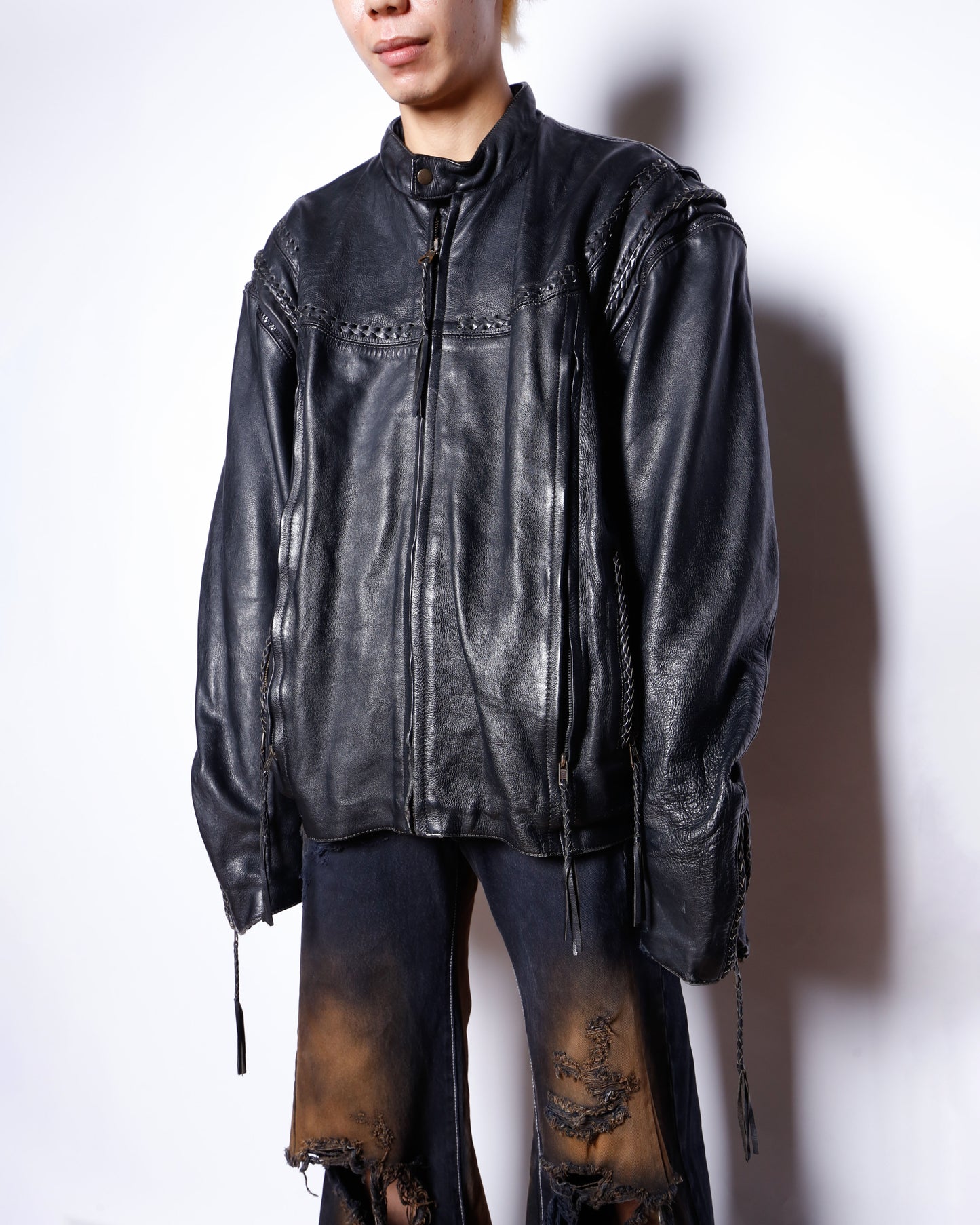 vintage braids motorcycle leather jacket, detachable sleeve