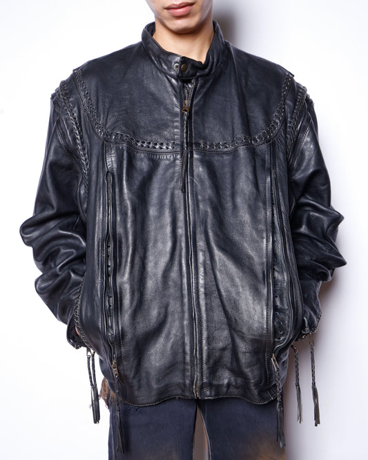 vintage braids motorcycle leather jacket, detachable sleeve