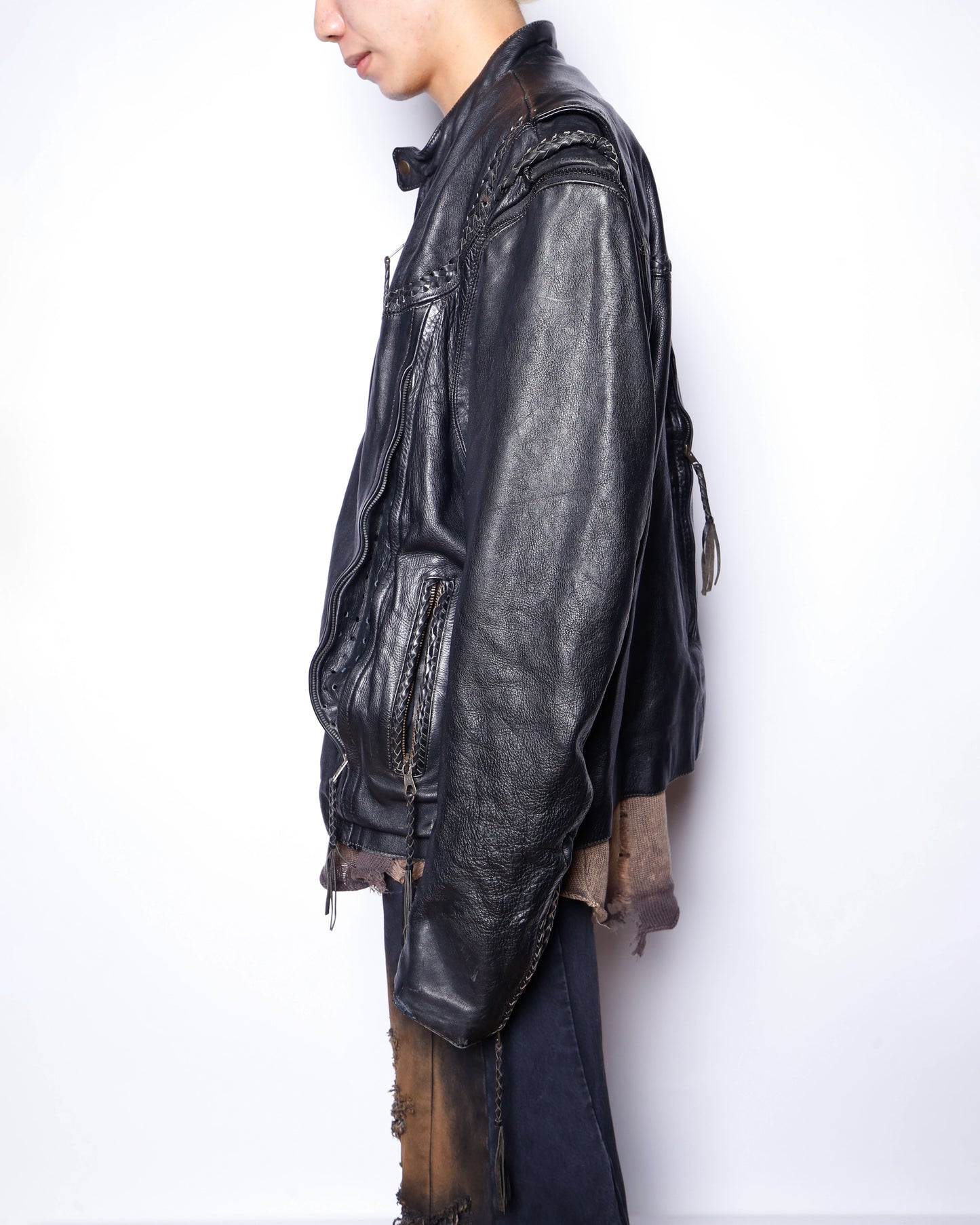 vintage braids motorcycle leather jacket, detachable sleeve