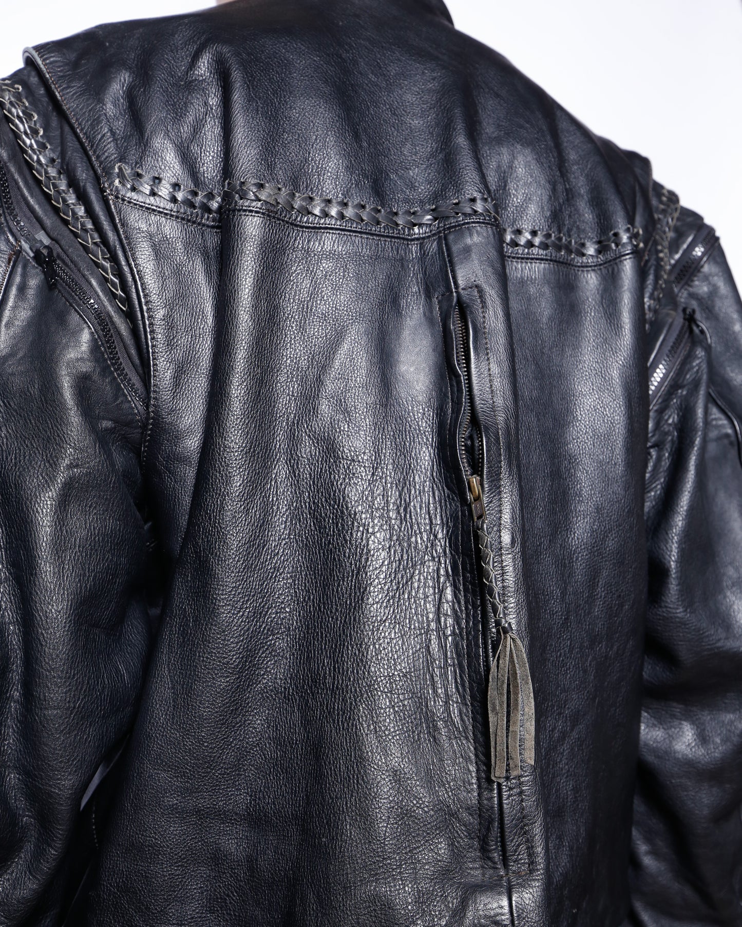 vintage braids motorcycle leather jacket, detachable sleeve