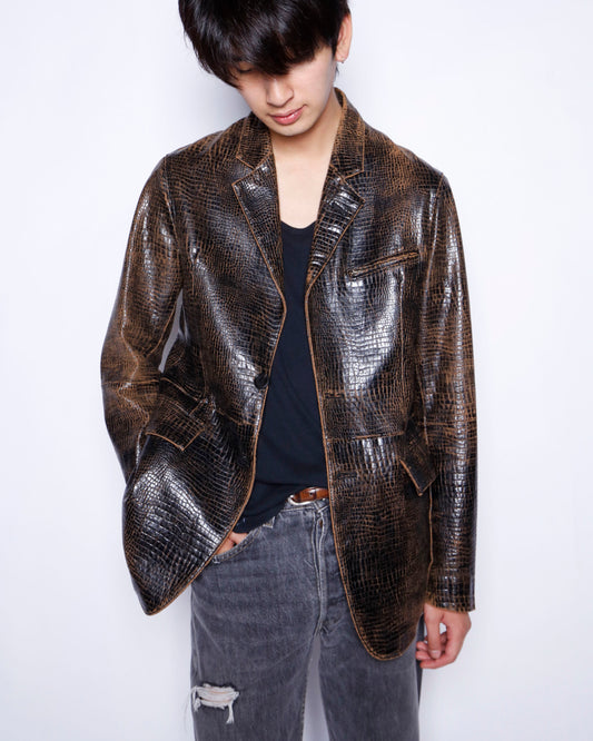 vintage 90's yoshiyuki konishi croc pattern leather tailored jacket