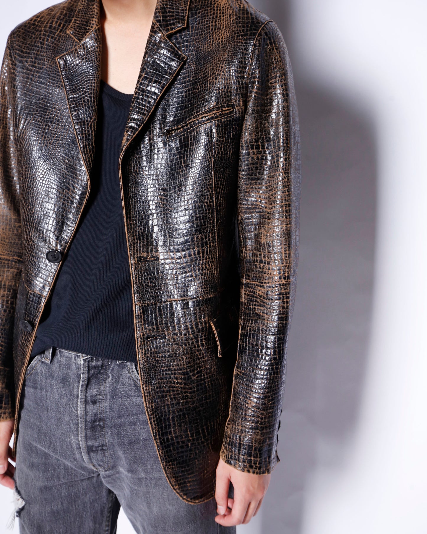 vintage 90's yoshiyuki konishi croc pattern leather tailored jacket