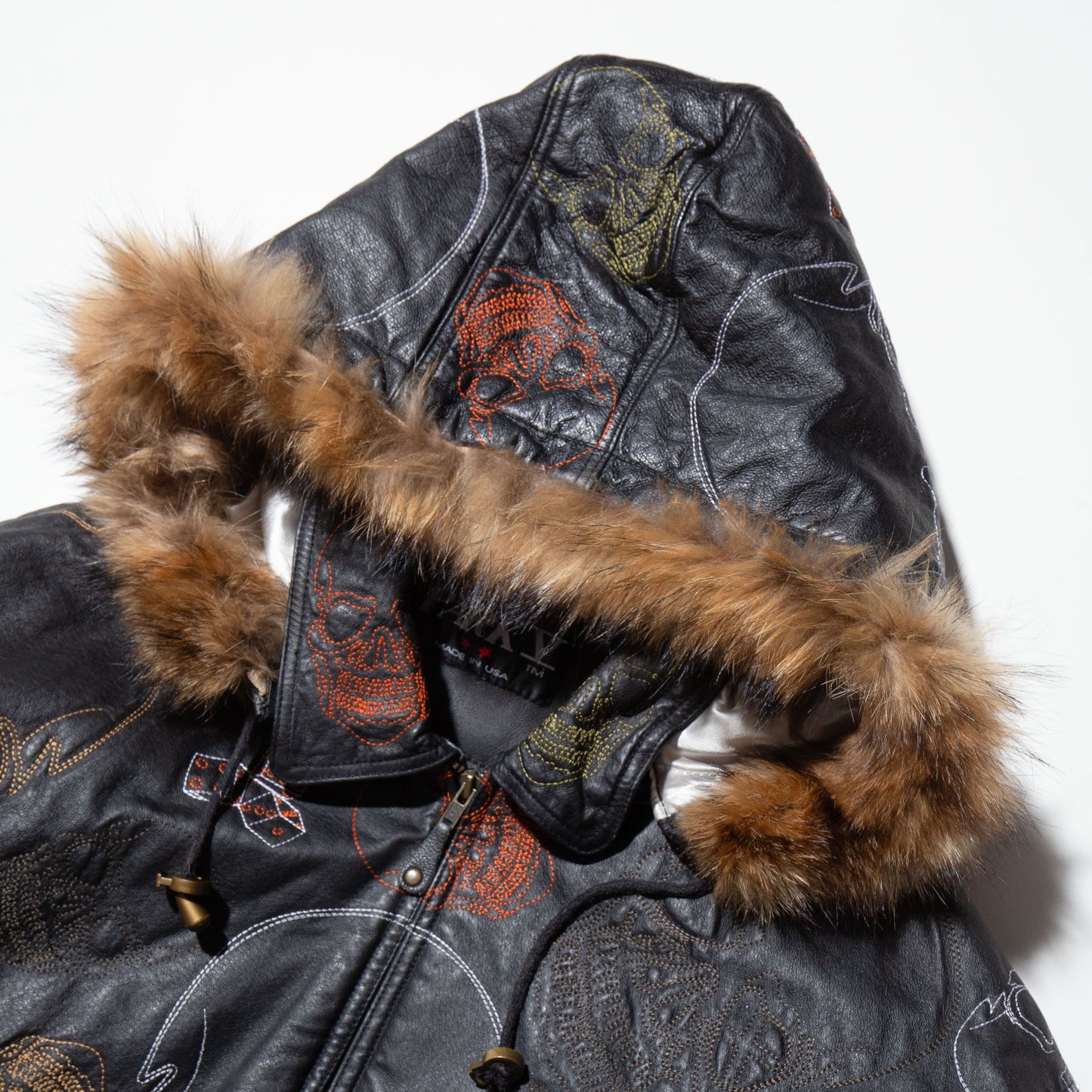 vintage skull loose leather jacket , detachable hoodie