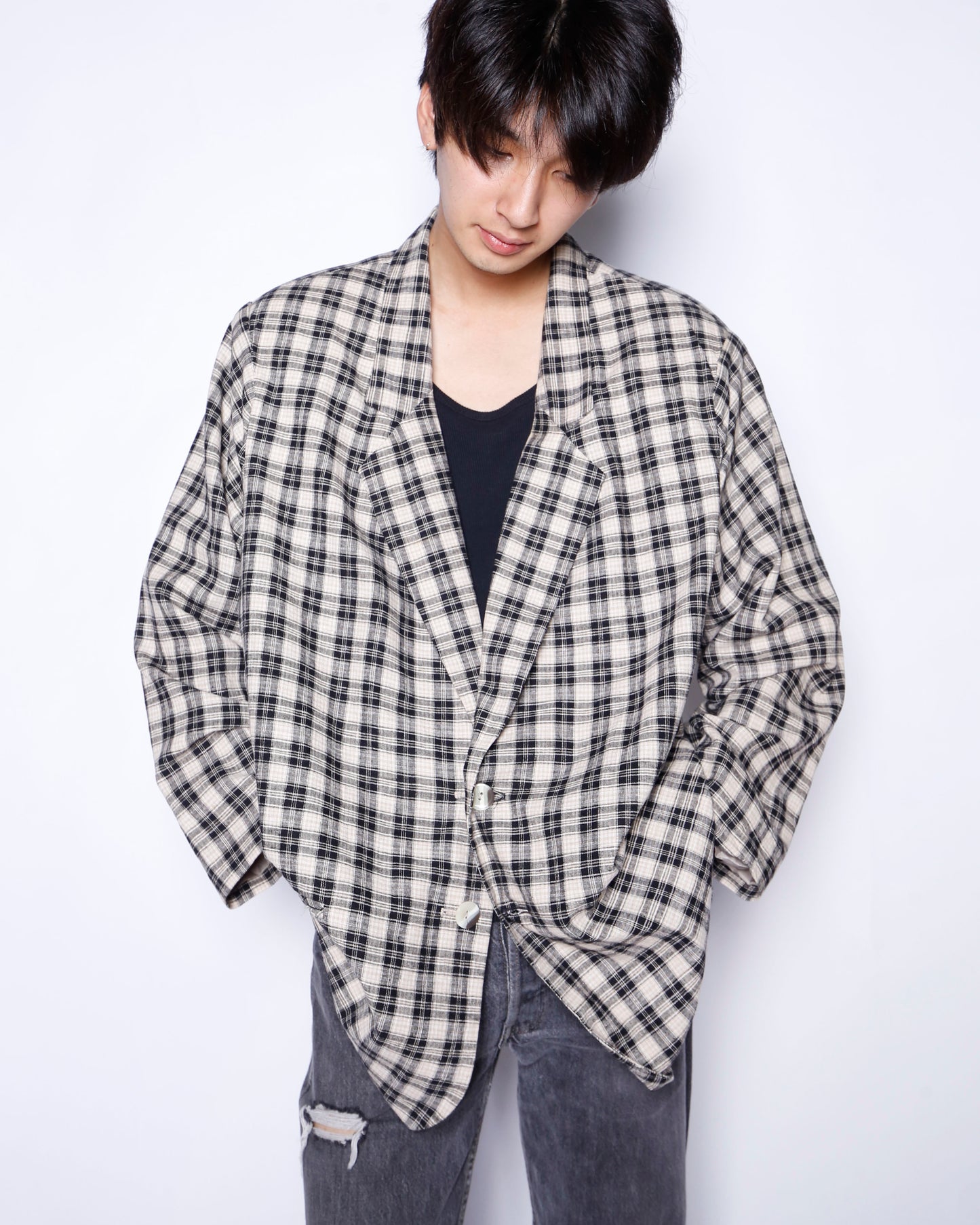 vintage check linen loose tailored jacket
