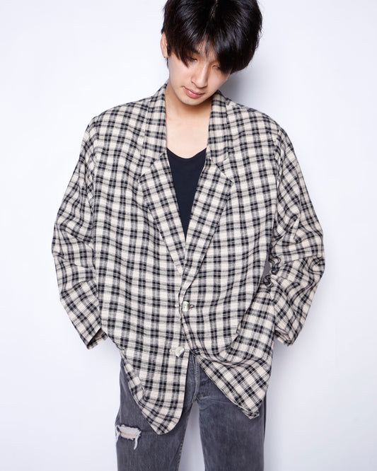 vintage check linen loose tailored jacket