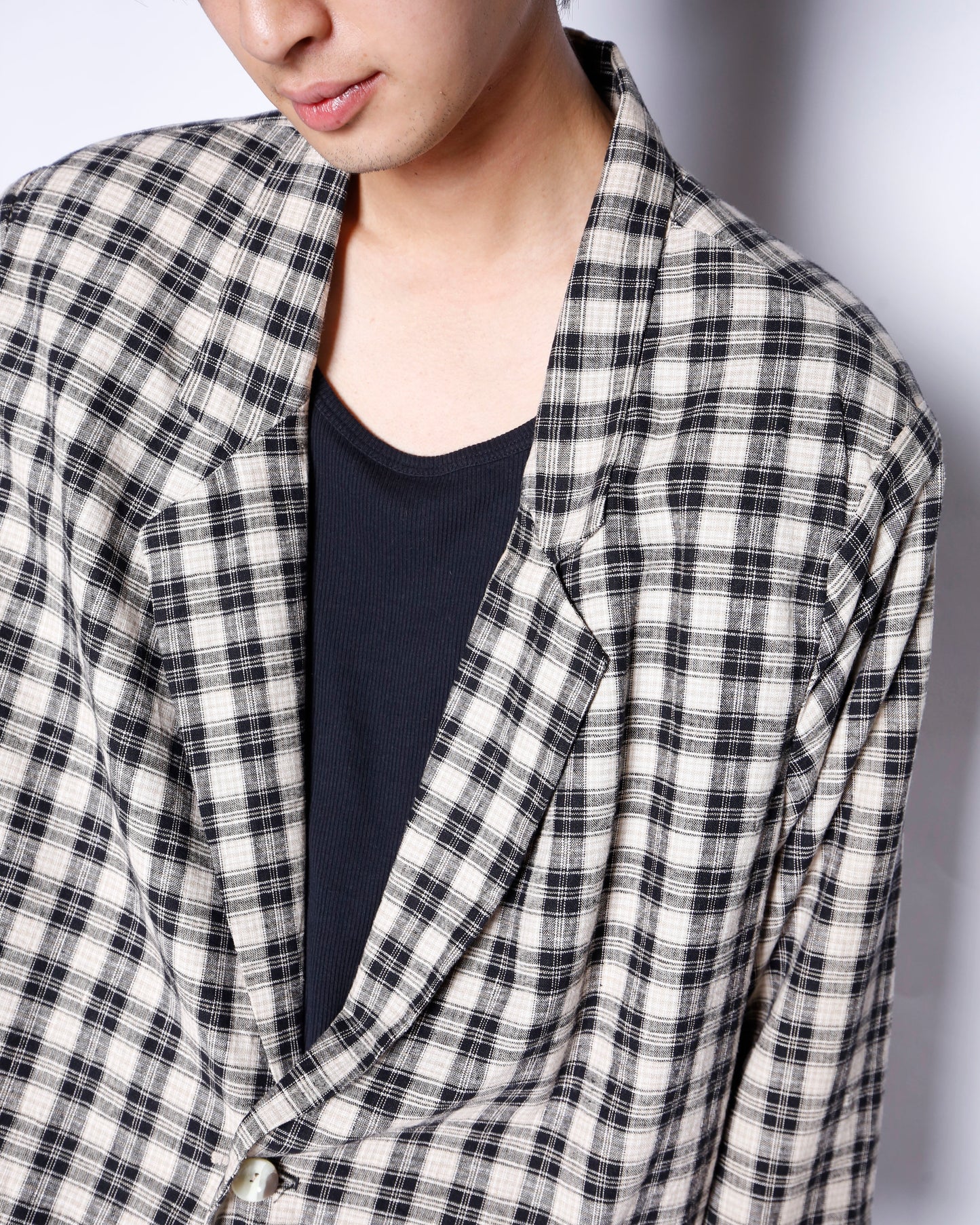 vintage check linen loose tailored jacket