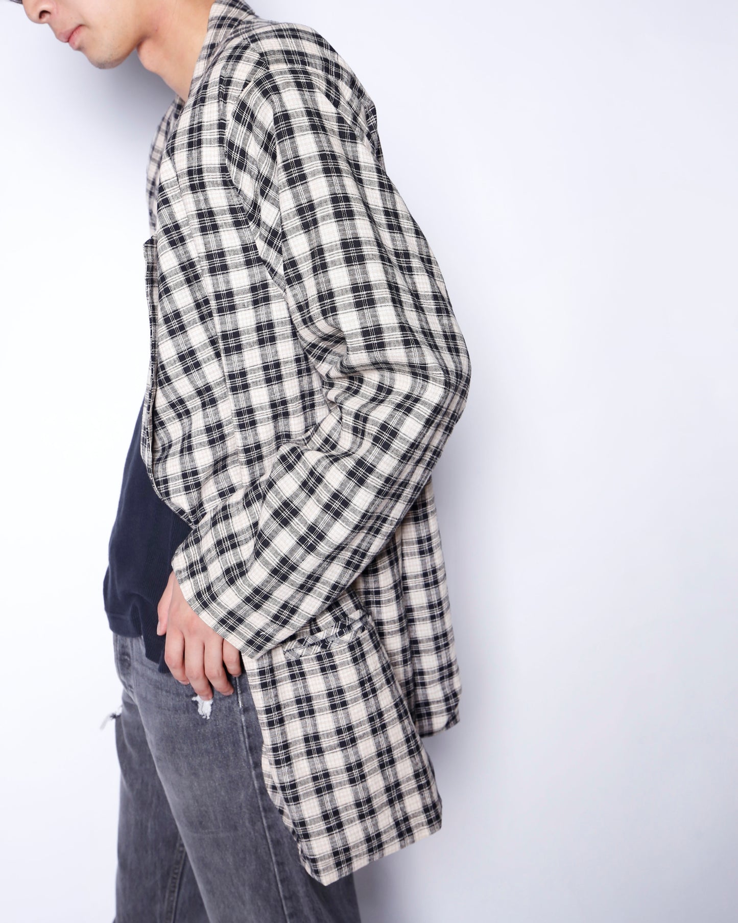 vintage check linen loose tailored jacket