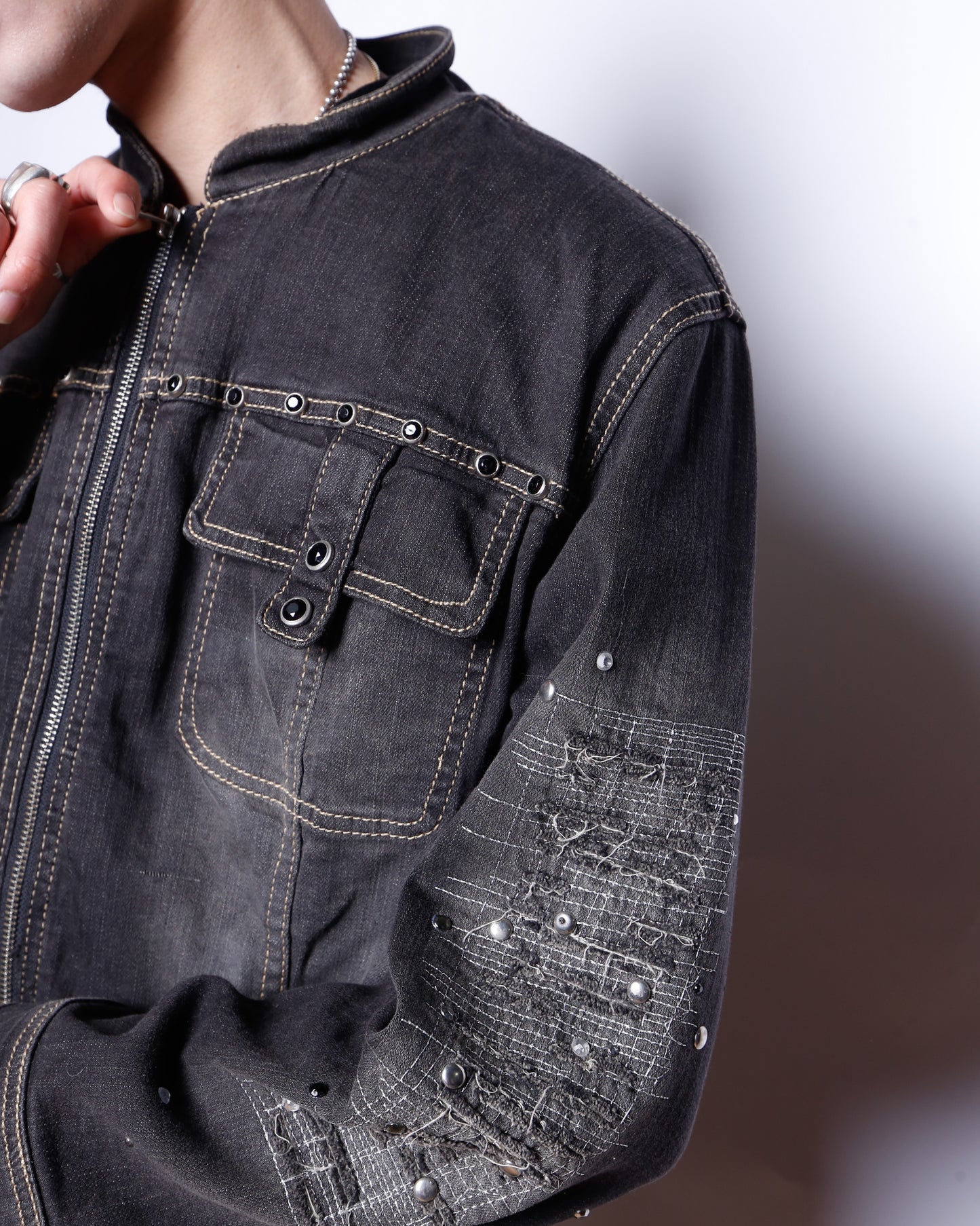 vintage repaired sleeve studs denim jacket