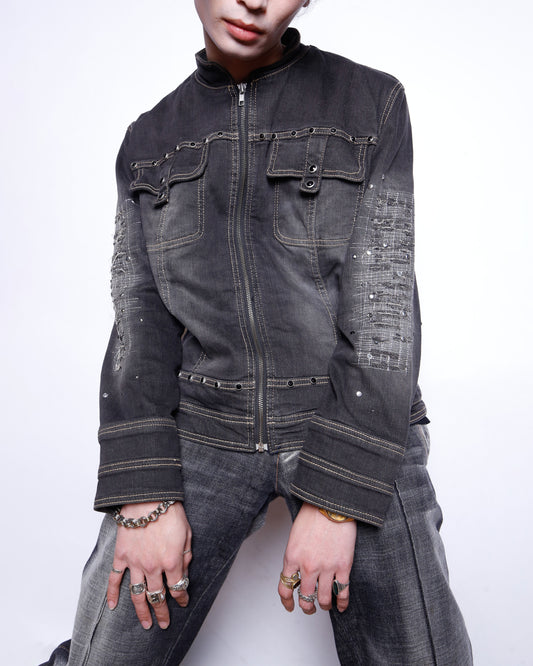 vintage repaired sleeve studs denim jacket