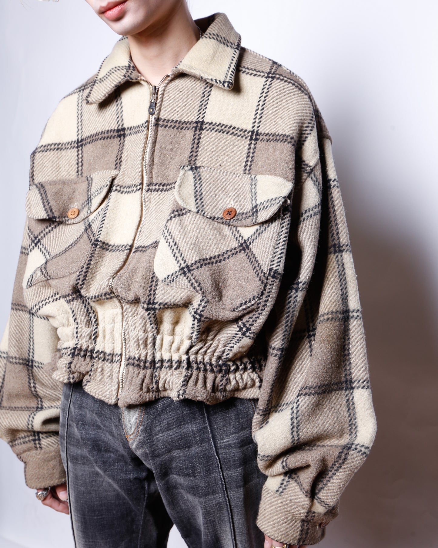 *one-off ribbed check wool jacket