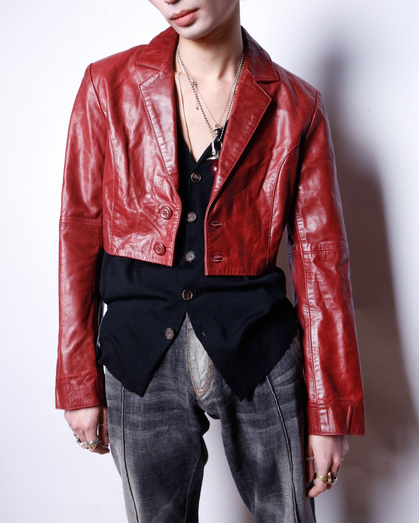 vintage cropped crimson leather jacket
