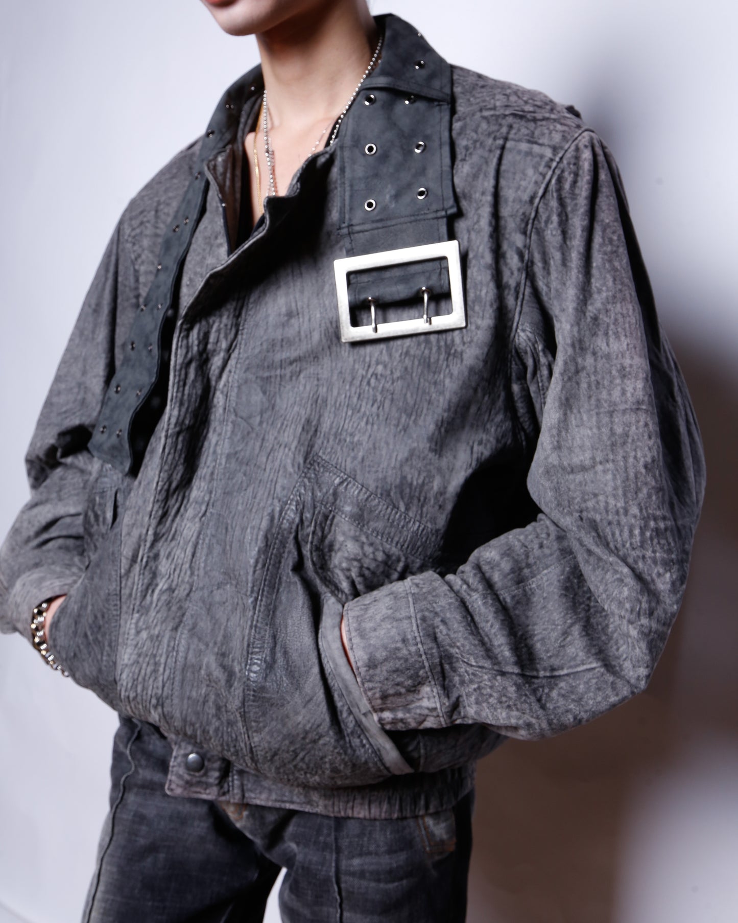 *one-off buckle collar aviator leather jacket