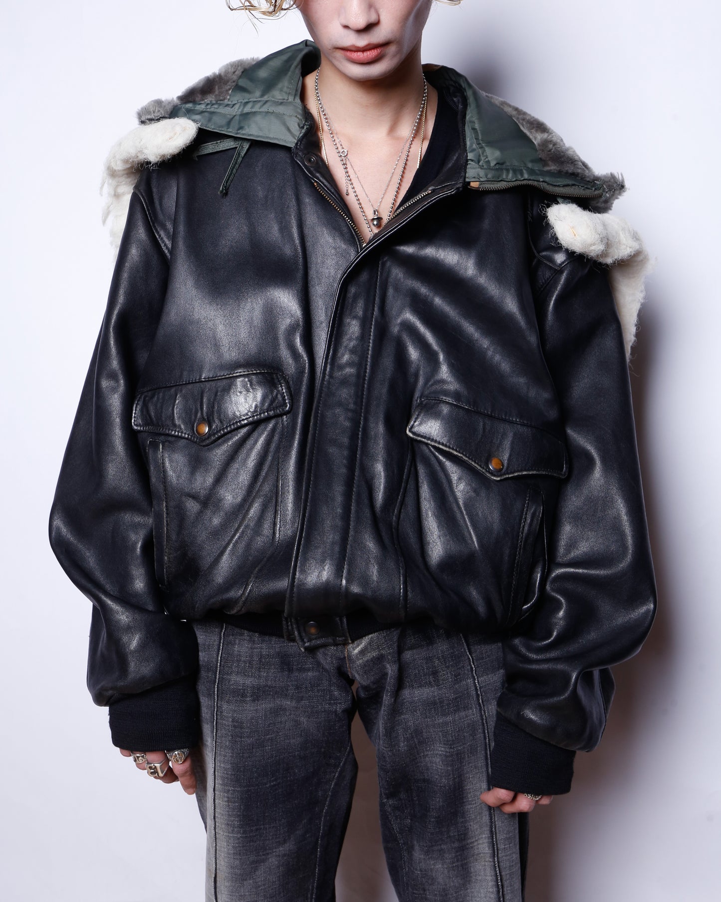 *one-off hooded aviator leather jacket