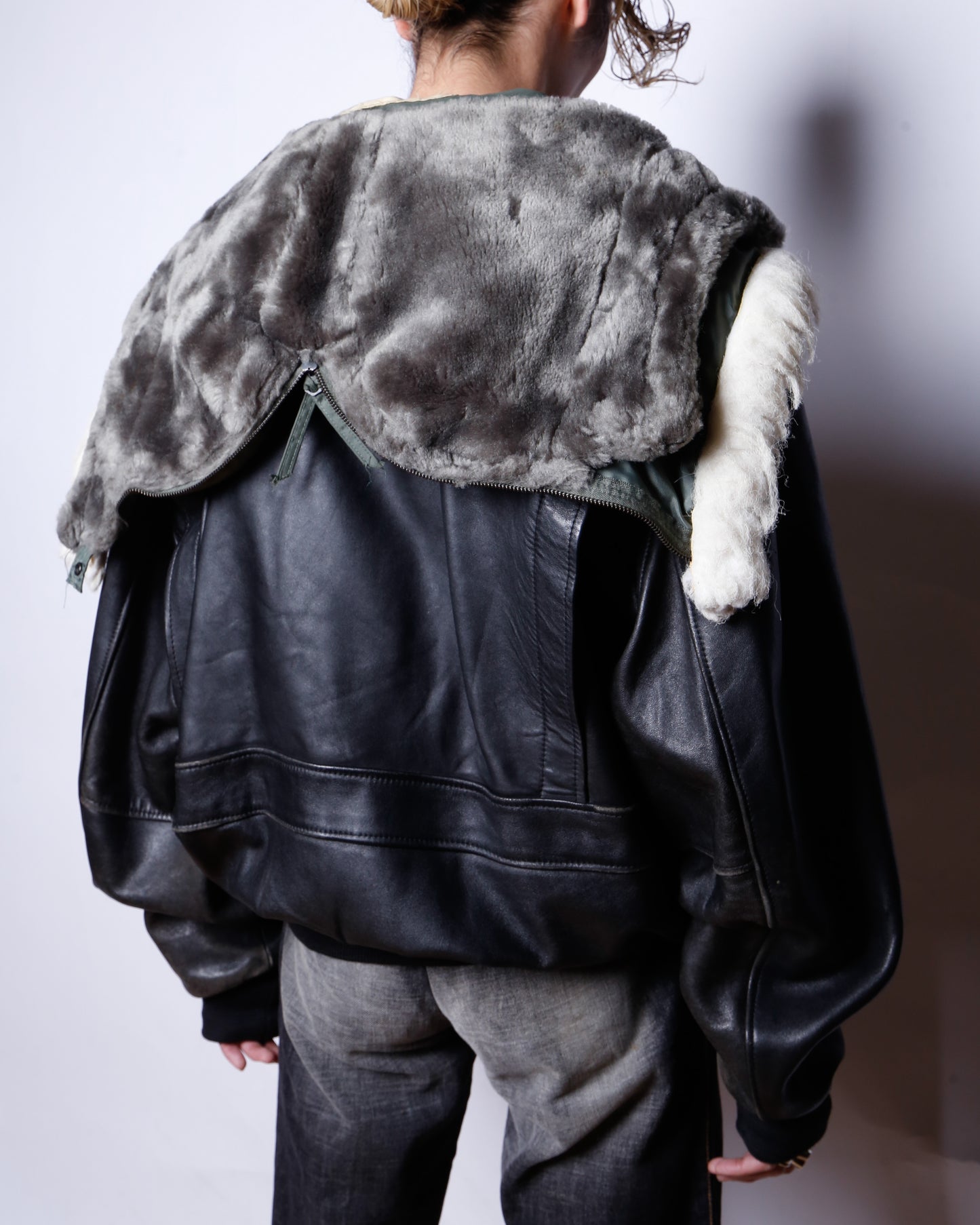 *one-off hooded aviator leather jacket