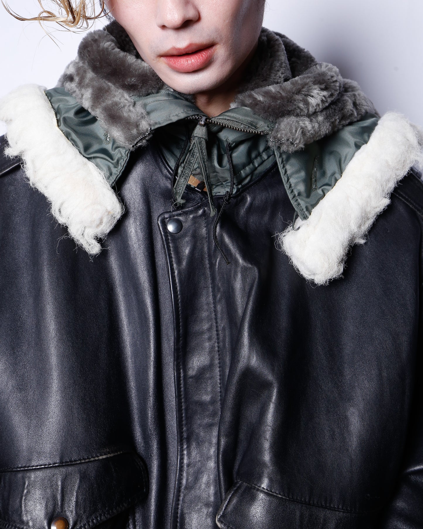 *one-off hooded aviator leather jacket