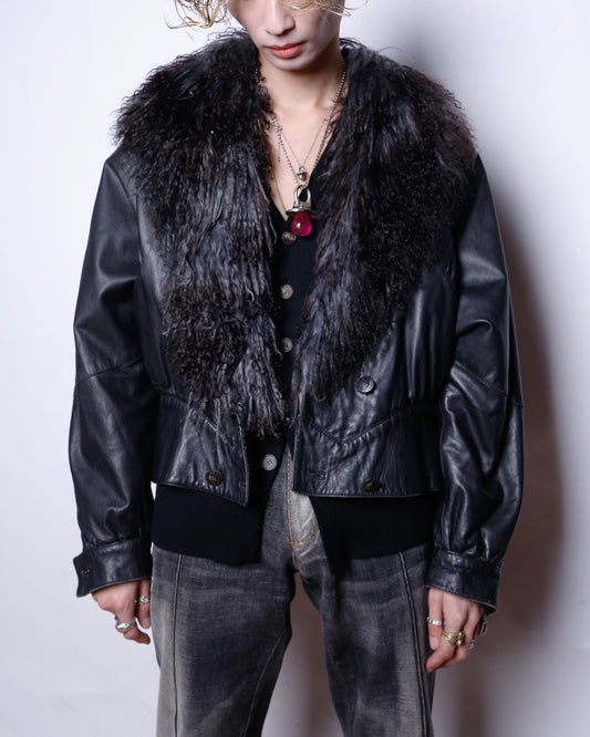 vintage euro cropped fur collar leather jacket