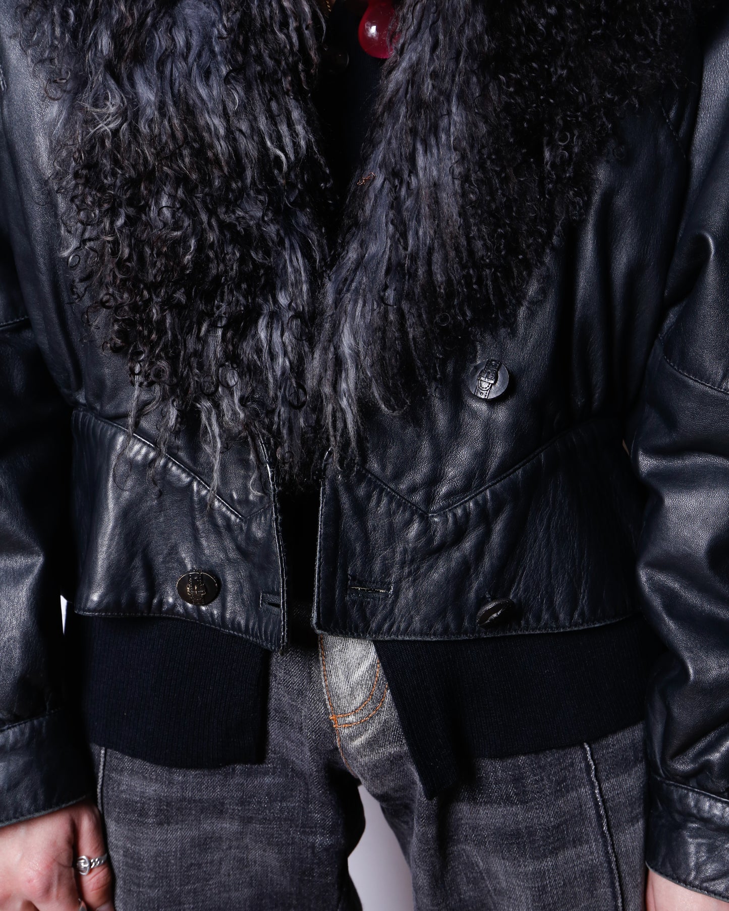 vintage euro cropped fur collar leather jacket