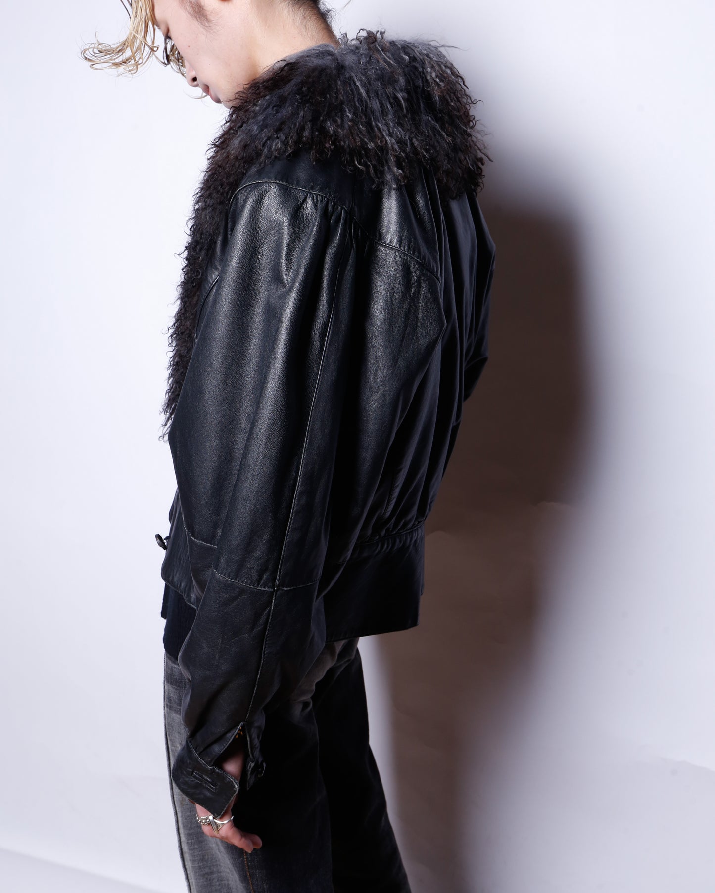 vintage euro cropped fur collar leather jacket