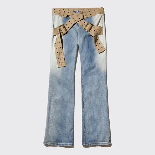 vintage jaded london stonewash strap flare jeans