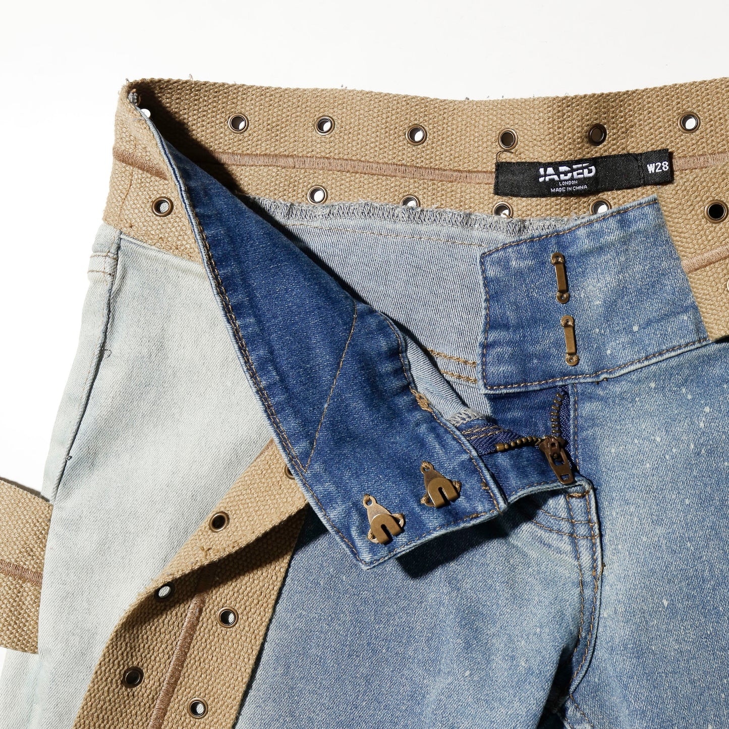 vintage jaded london stonewash strap flare jeans