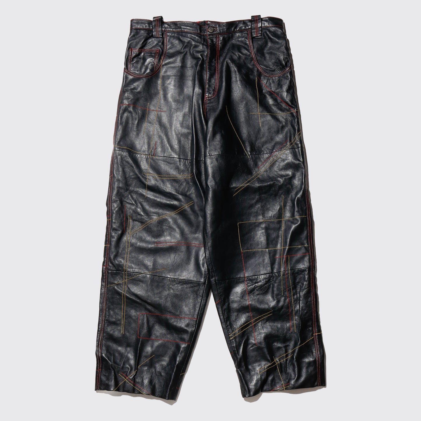 vintage stitched cow hide leather wide trousers