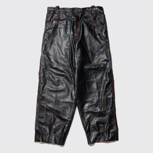 vintage stitched cow hide leather wide trousers