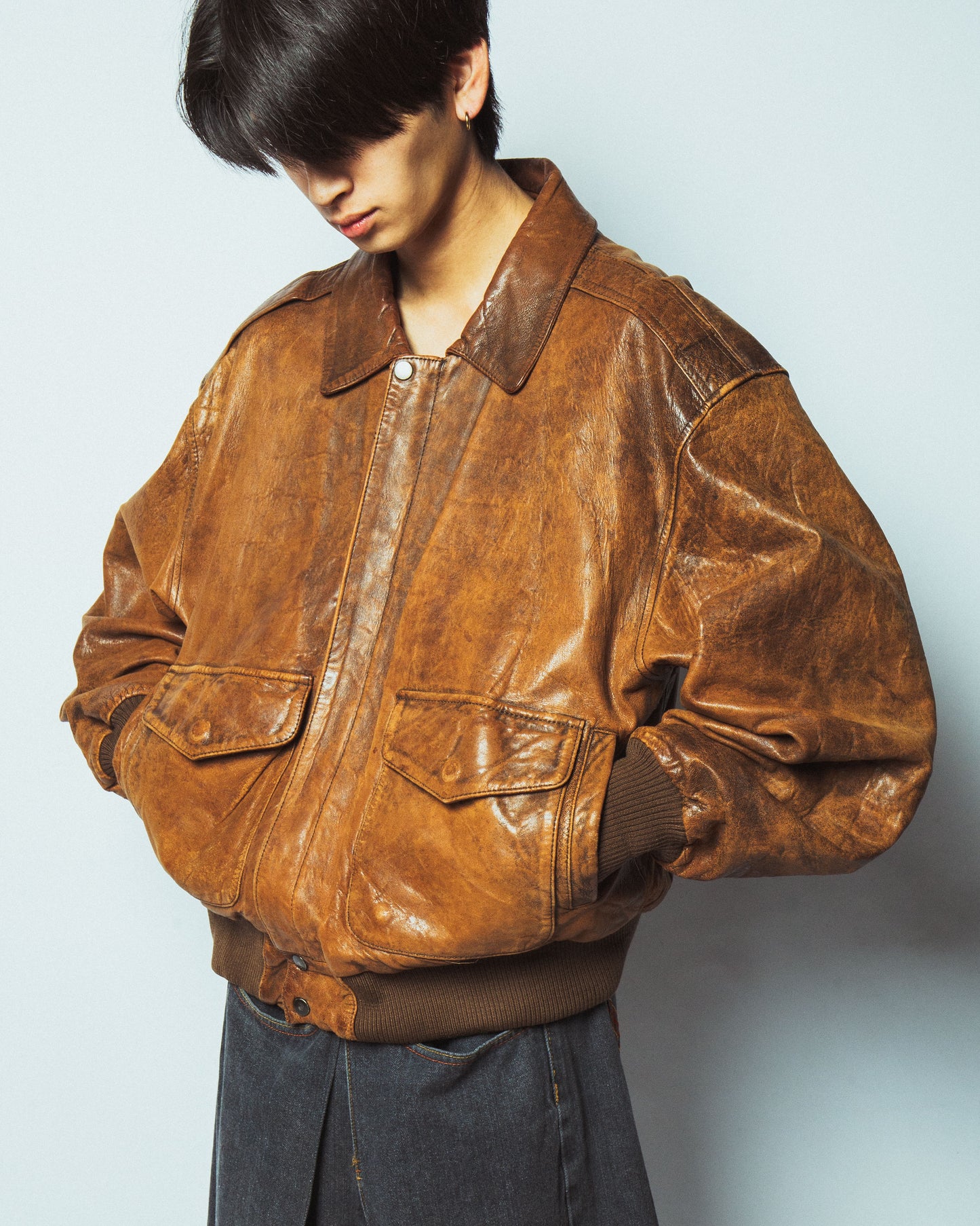 vintage loose aviator leather jacket