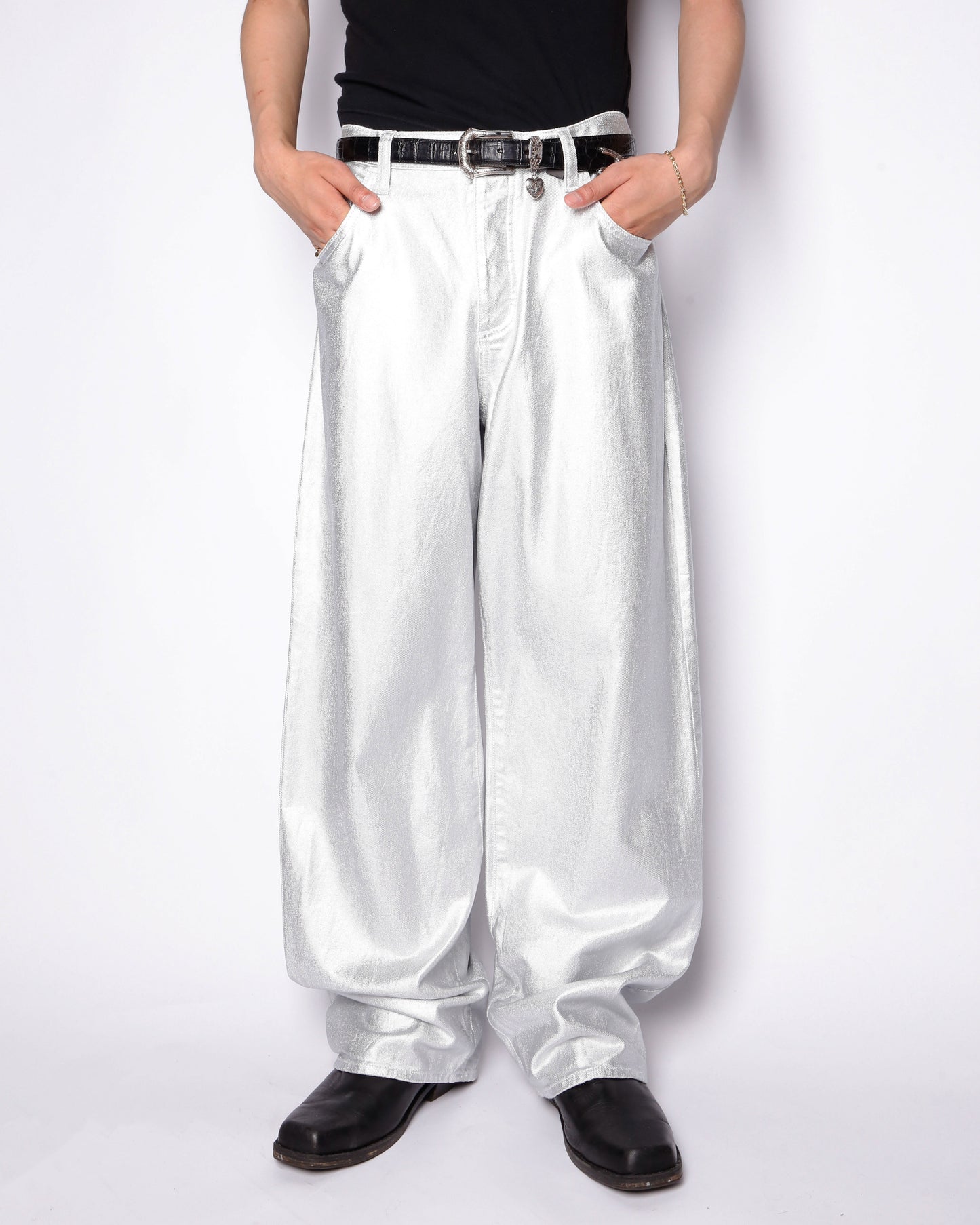vintage silver coating wide leg jeans