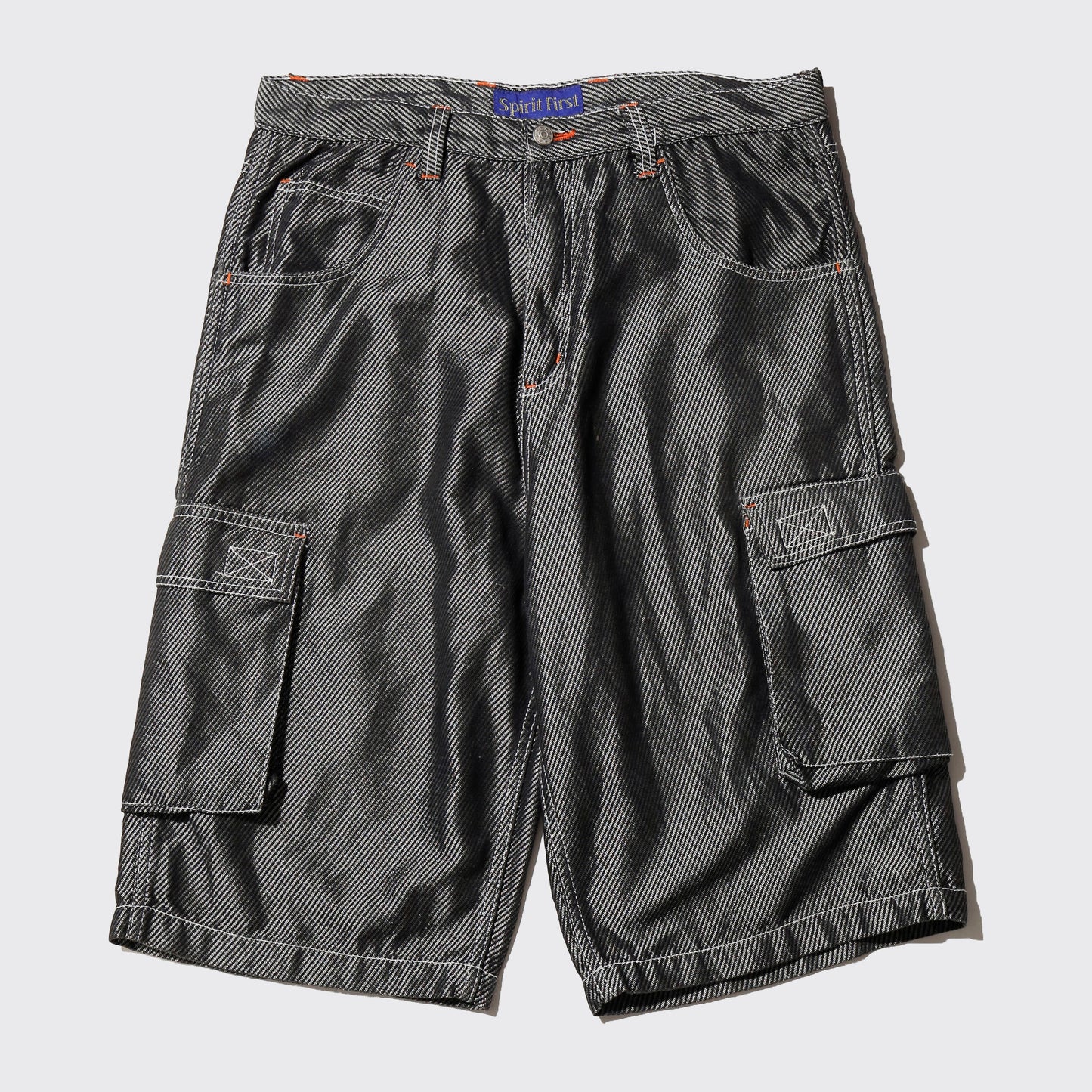 vintage textured metalic denim cargo shorts