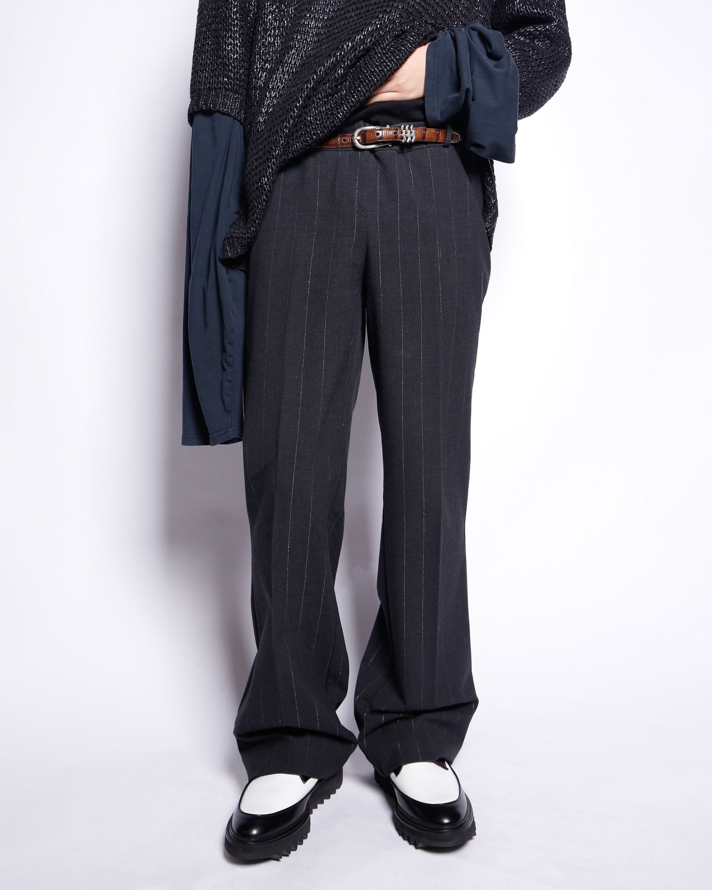 vintage lame stripe low rise flare slacks