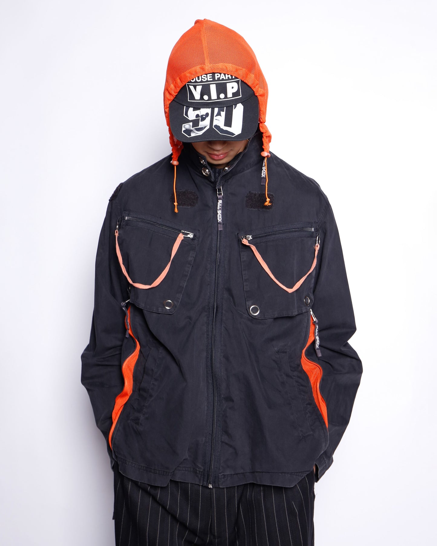 vintage gimmick techno jacket, hood strange