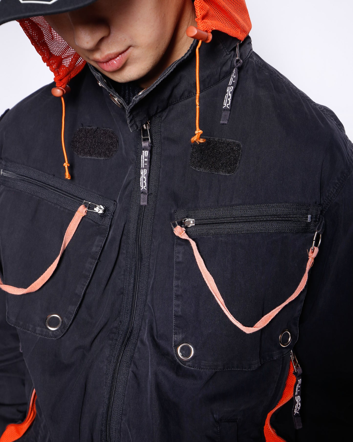 vintage gimmick techno jacket, hood strange